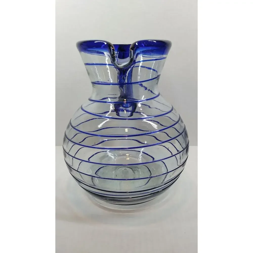Hand Blown Cobalt & Clear Glass Swirl Pitcher & Glasses 7 Pc Set Made in Mexico